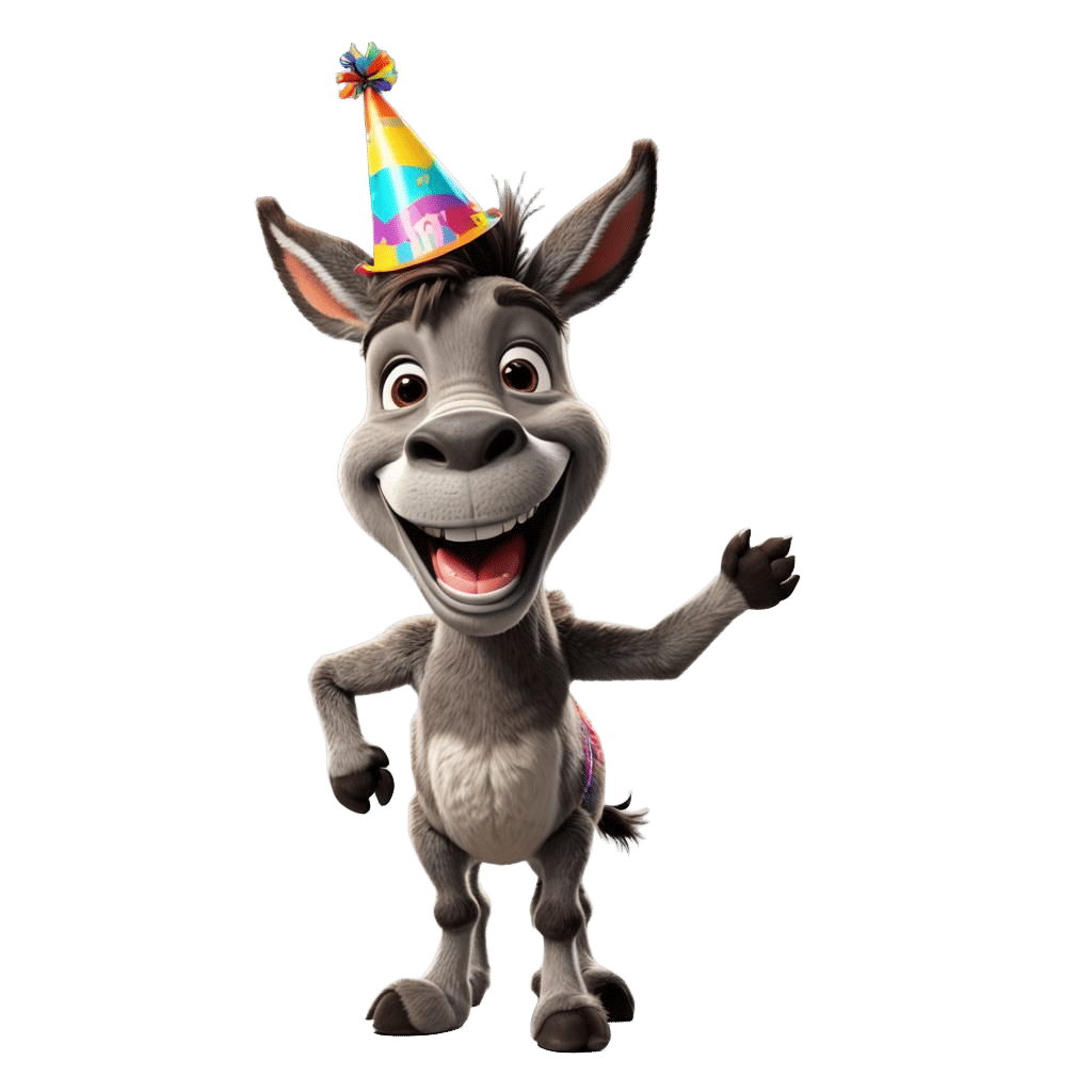 Cute Donkey with Birthday Hat in Pixar Style