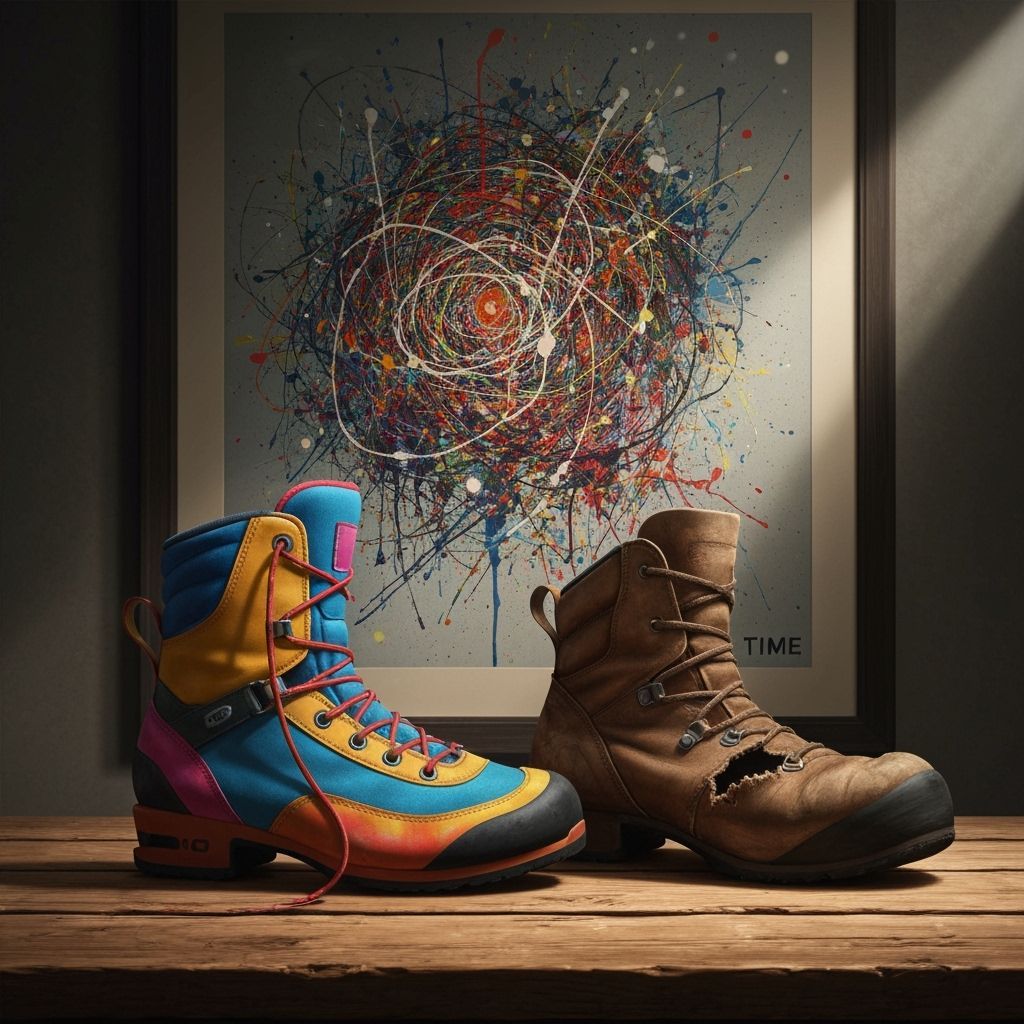 New vs Old Climbing Boots with Abstract Time Poster