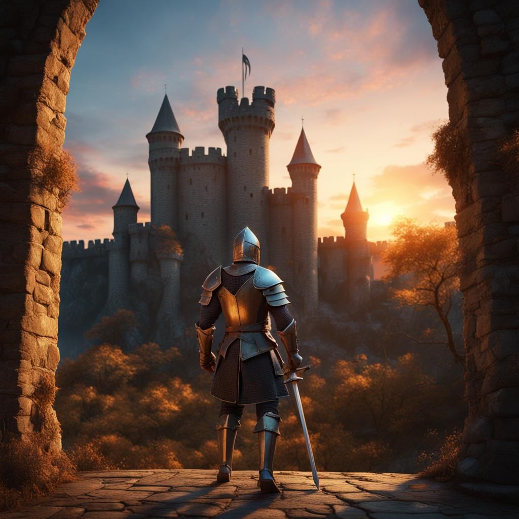 Knight in Medieval Castle at Sunset