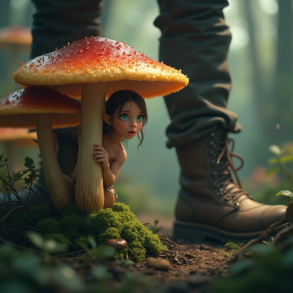 Elf Girl Observes Human in Vibrant Mushroom Forest