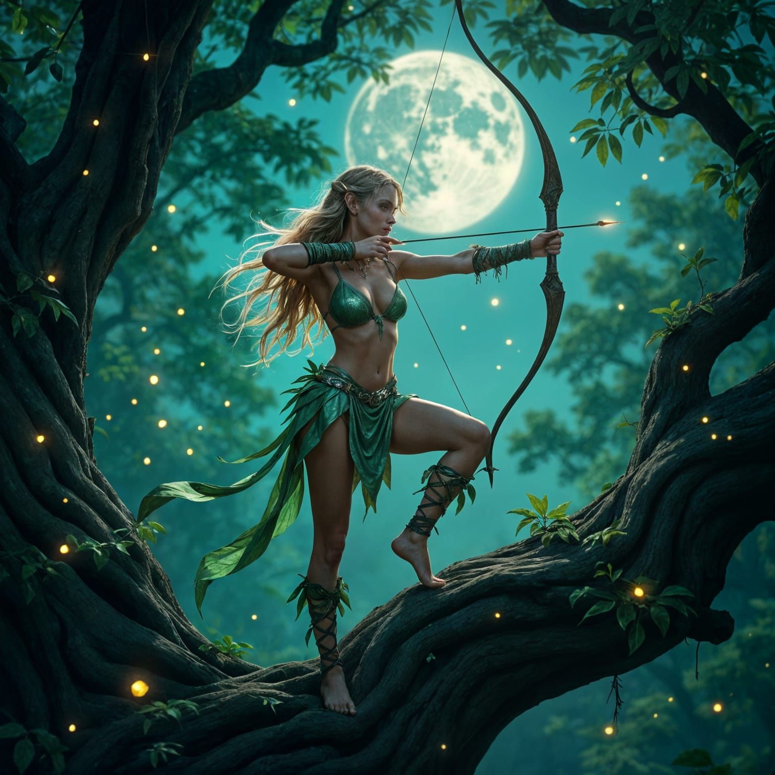 Elven Archer in Moonlit Woods, Hyperrealistic Fantasy
