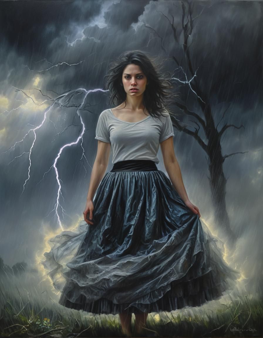 Ethereal Woman in Storm, Chiaroscuro Oil Painting