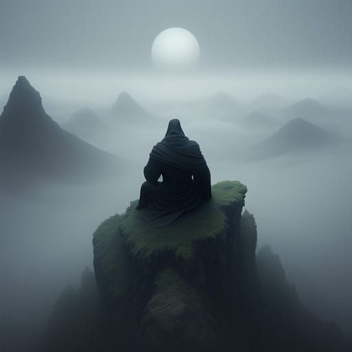 Contemplative Figure on Misty Mountain Peak