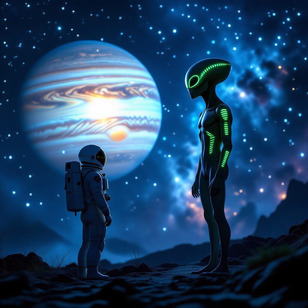 Astronaut and Alien Observe Solar System in Nebula