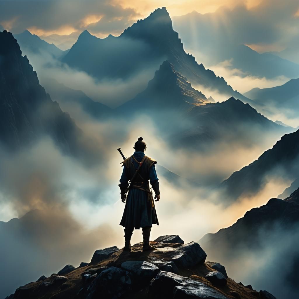 Lone Swordsman on Misty Mountain: Cinematic Film Still