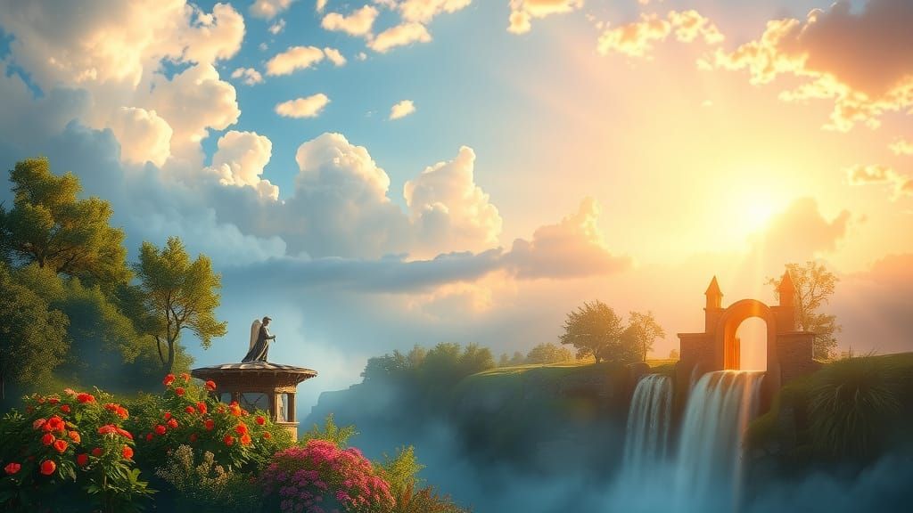 Surreal Heavenly Landscape Transitions from Reality to Elysi...