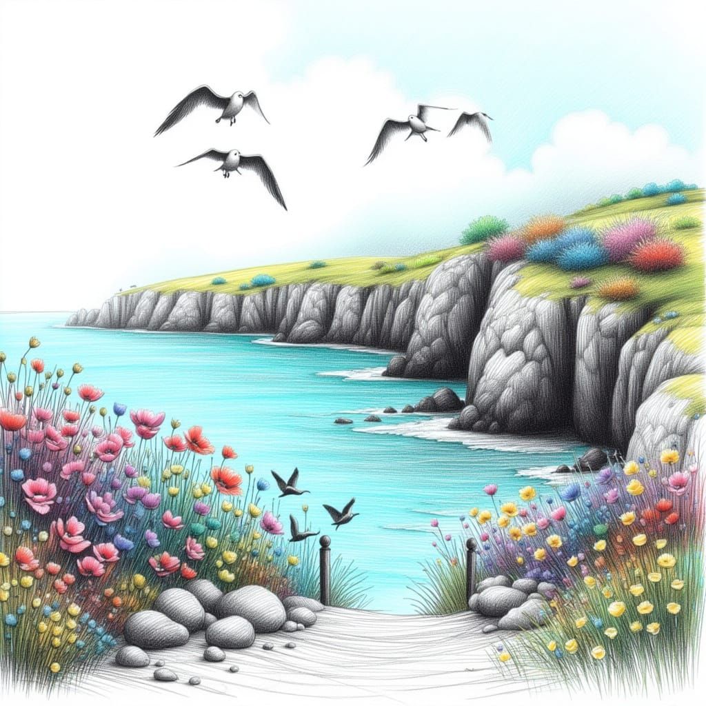 Irish Coastal Cliffs Hand Drawn in Color Pencils