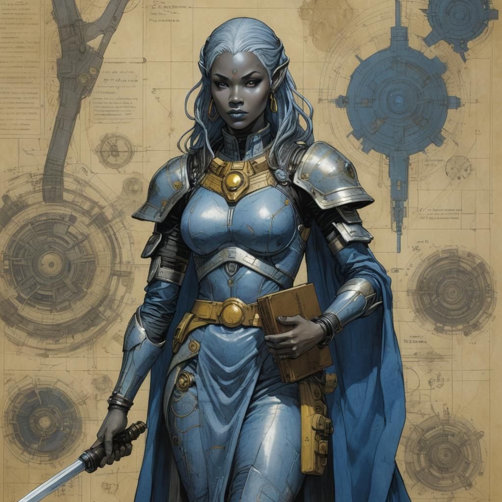 Asari Female with War Plan, Pencil Etching Style