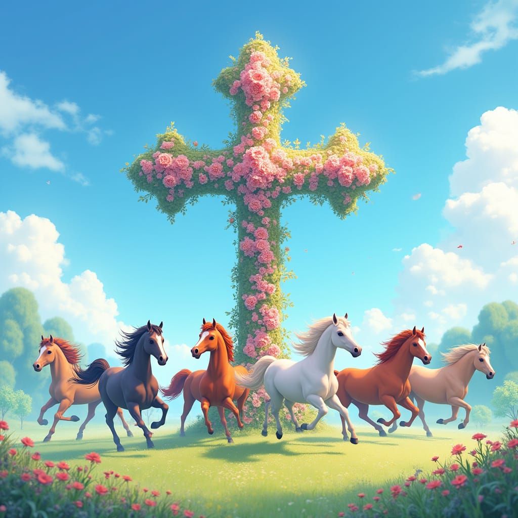 Floral Cross with Galloping Horses in Anime Style
