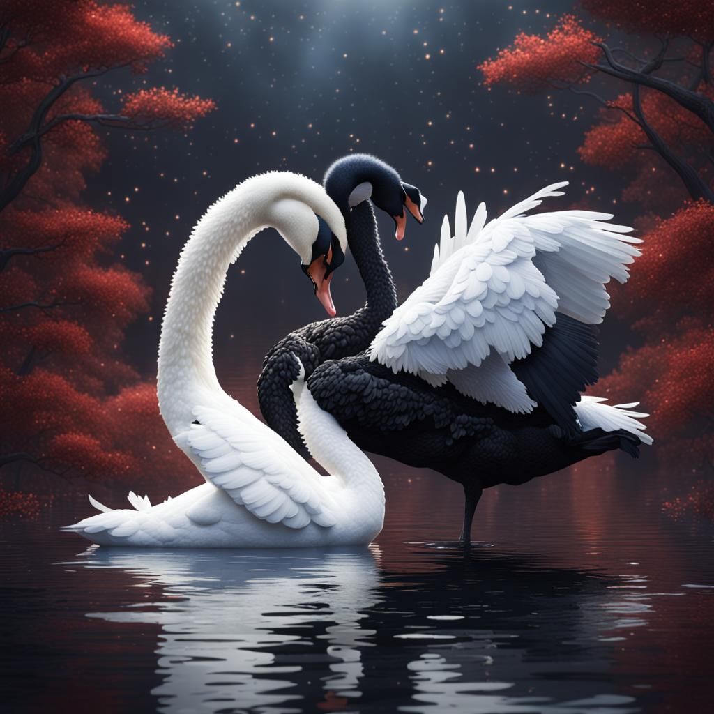 Black and White Swans Embrace: Fantasy Art