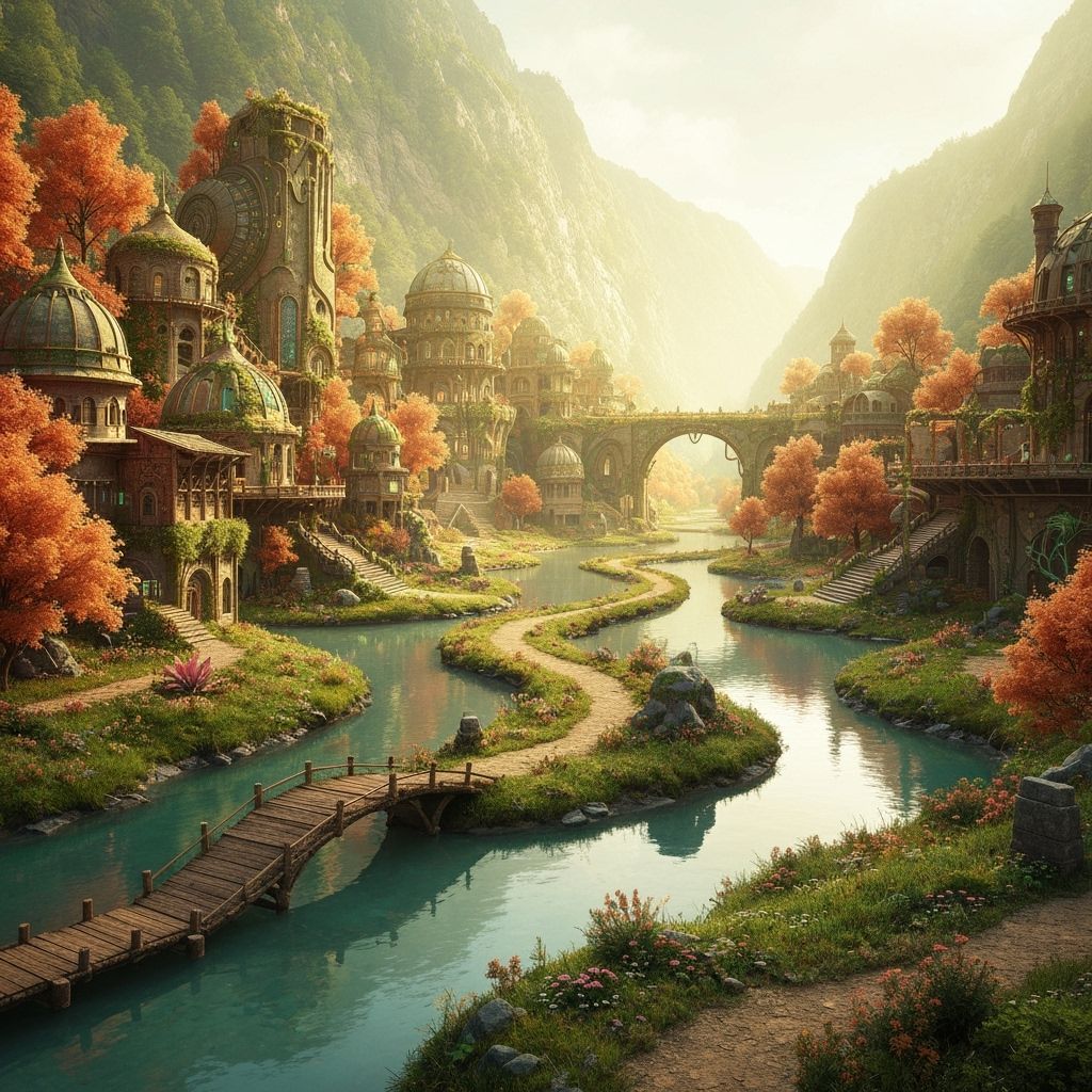 Solarpunk Village in Mountain Valley, Dreamlike Style