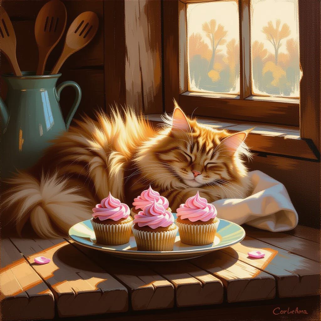 Fluffy Cat Sleeps by Cupcakes, Pink Frosting Nose, Hyperreal...