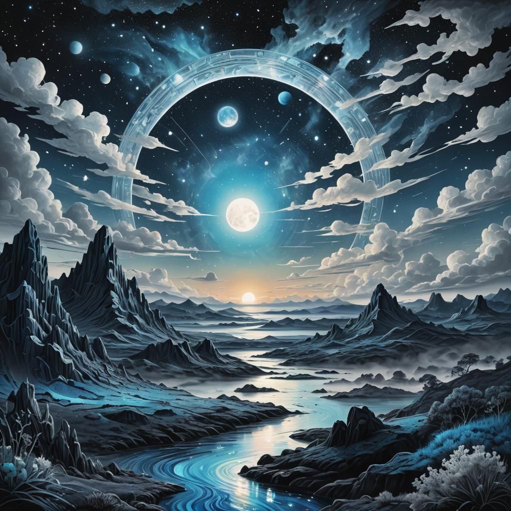 Monochrome Blue Sunset in Astral Cosmic Style