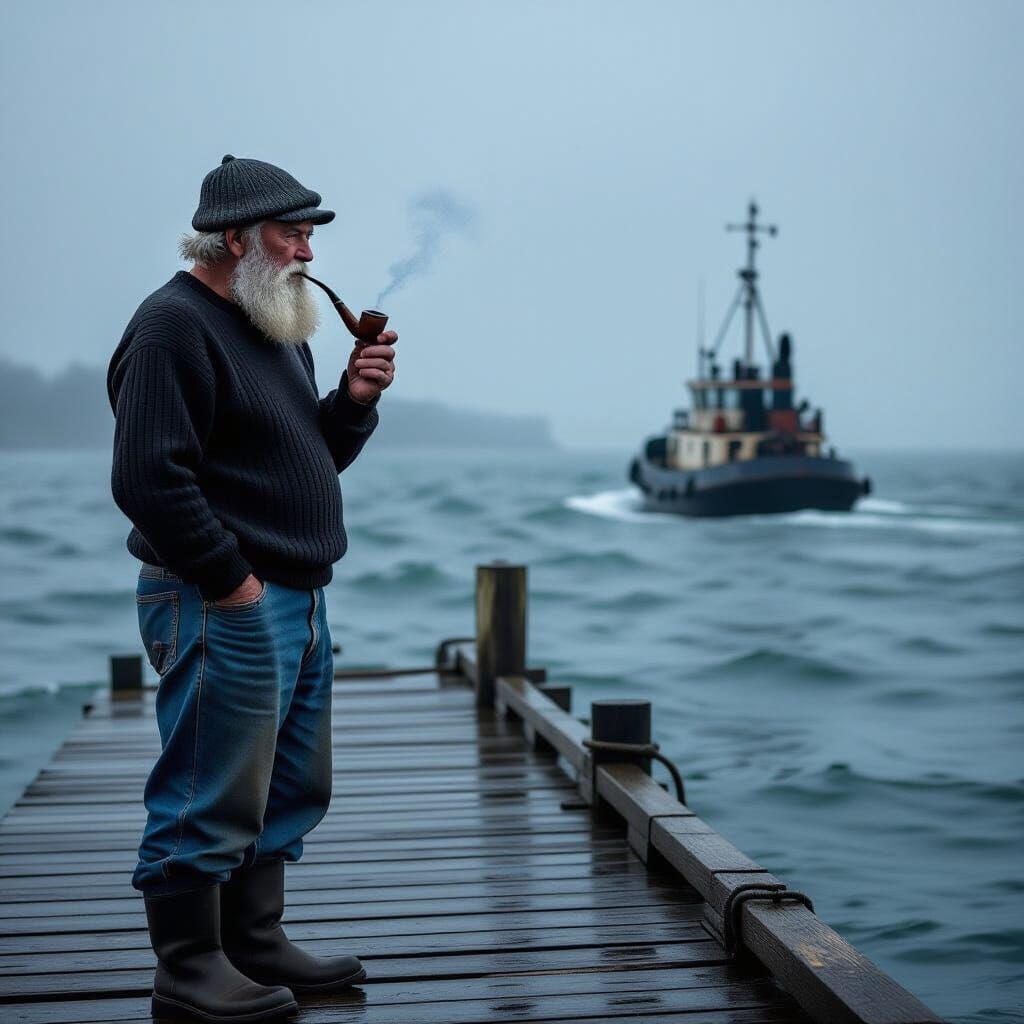 Old Sailor on Pier Stares Out to Sea