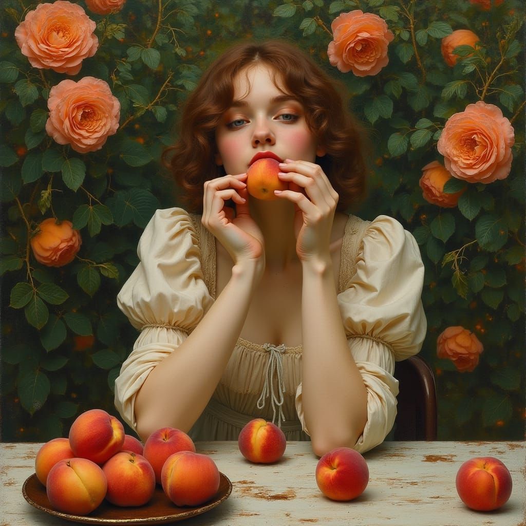 Woman with Peaches in Pre-Raphaelite Garden