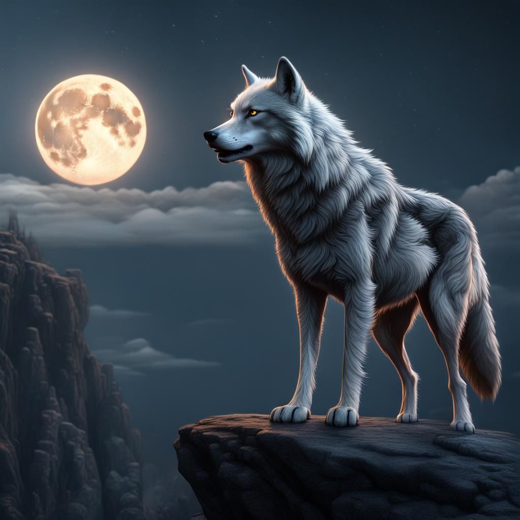 Silver Wolf Howling at Moon, Detailed Matte Painting