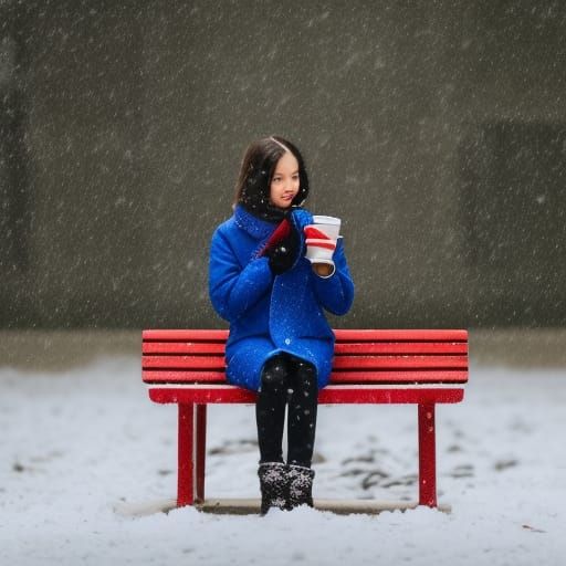 Canadian Girl Enjoying Hot Chocolate on Snowy Bench