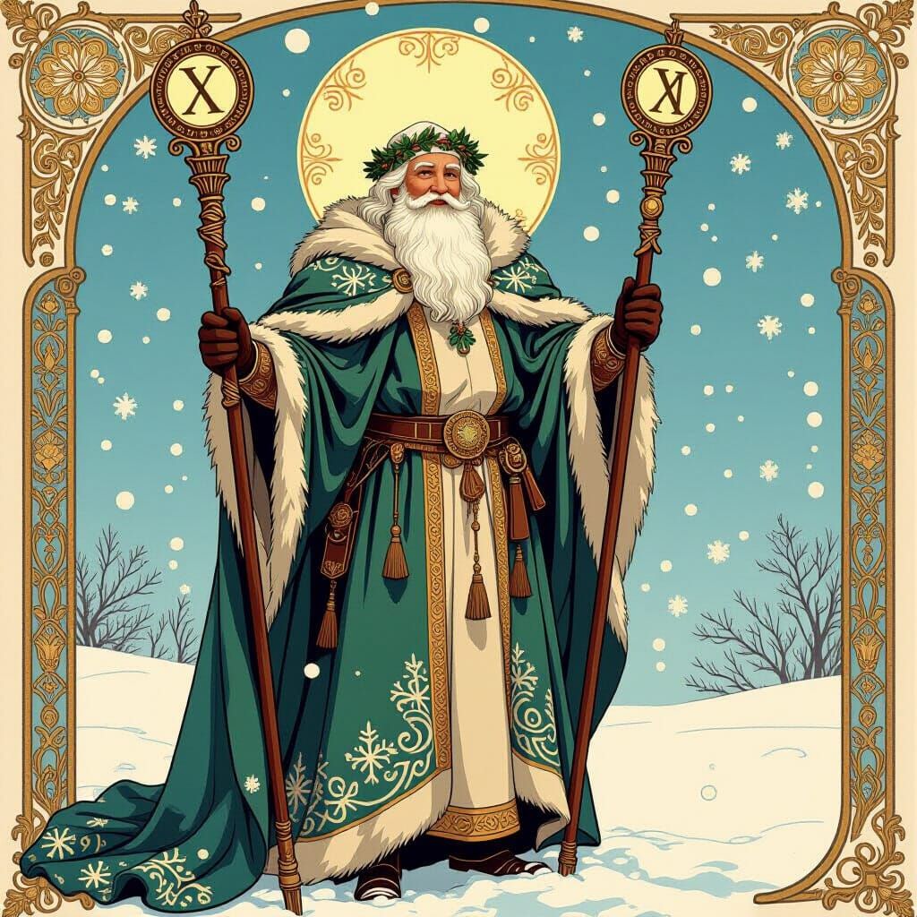 Father Winter with Roman Numeral X in Art Nouveau Style