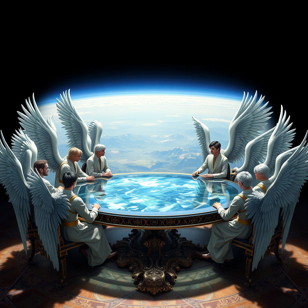 Angels Around Glass Table with World View