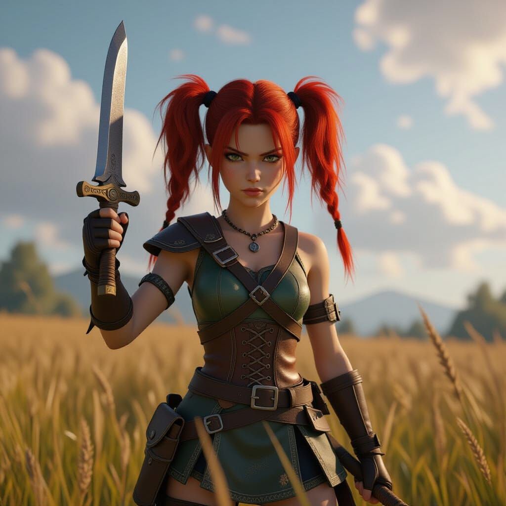 Teenage Warrior Girl in a Grassy Field, 3D Render