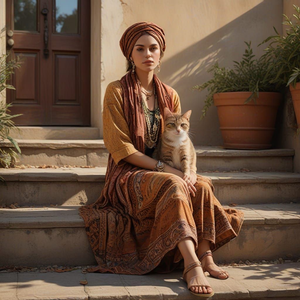 Bohemian Woman on Stairs in Oil Painting