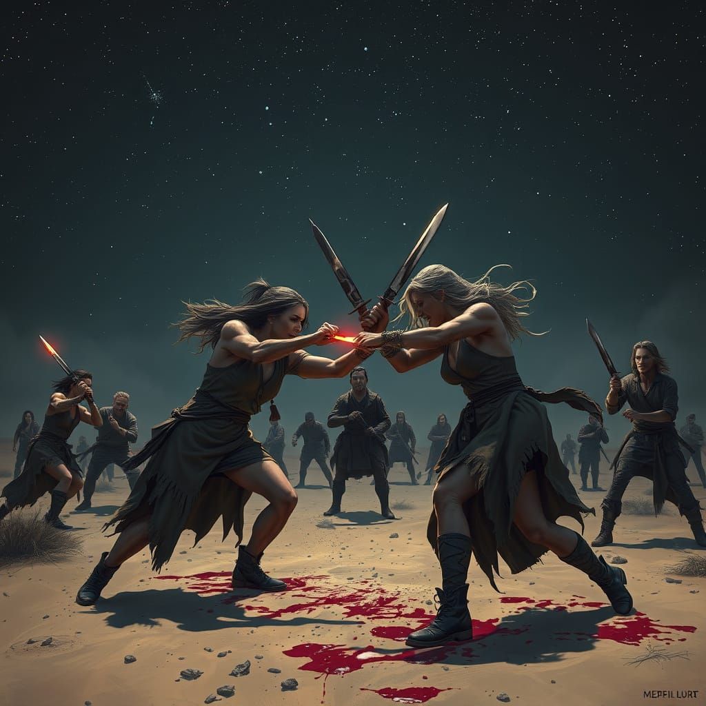 Intense Desert Street Fight Under Starry Night