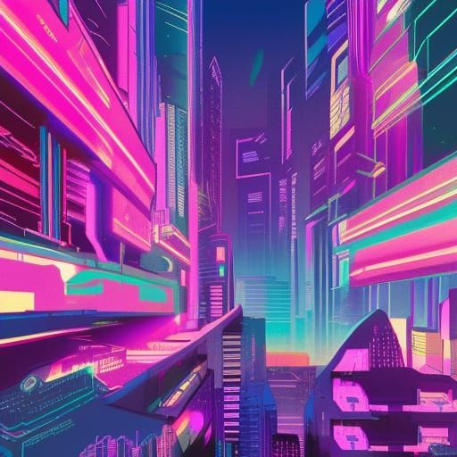Cyberpunk Synthwave Cityscape in Holographic Astral Style