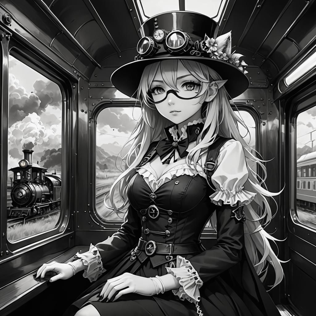 Steampunk Foxgirl in Train: Black and White Line Art