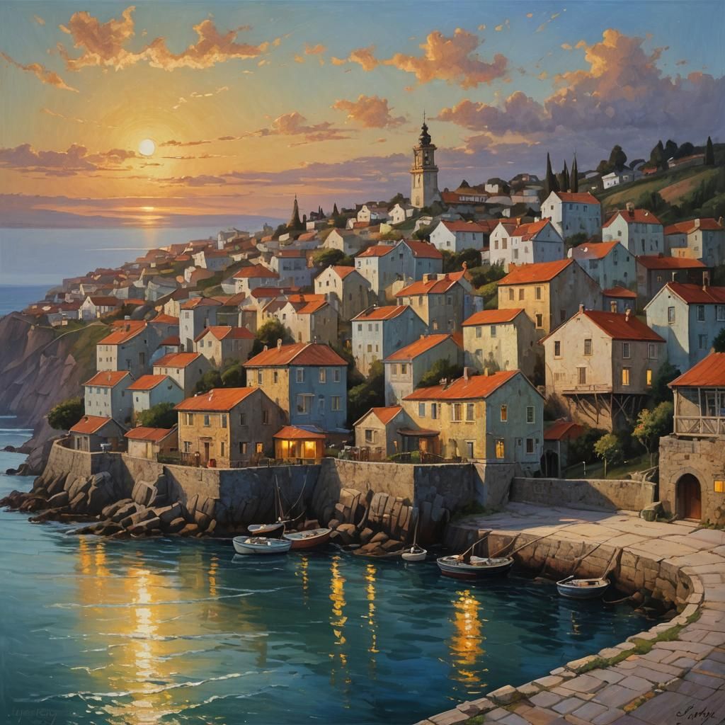 Coastal City Sunrise: An Oil Painting by Gurney