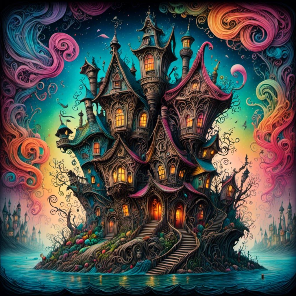 Whimsical Island House in Ink Illustration Style