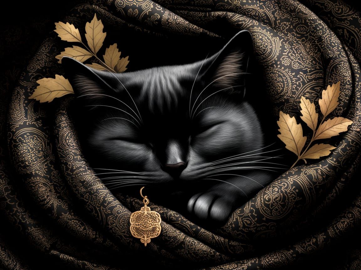 Luxurious Sleeping Cat in Golden Accents