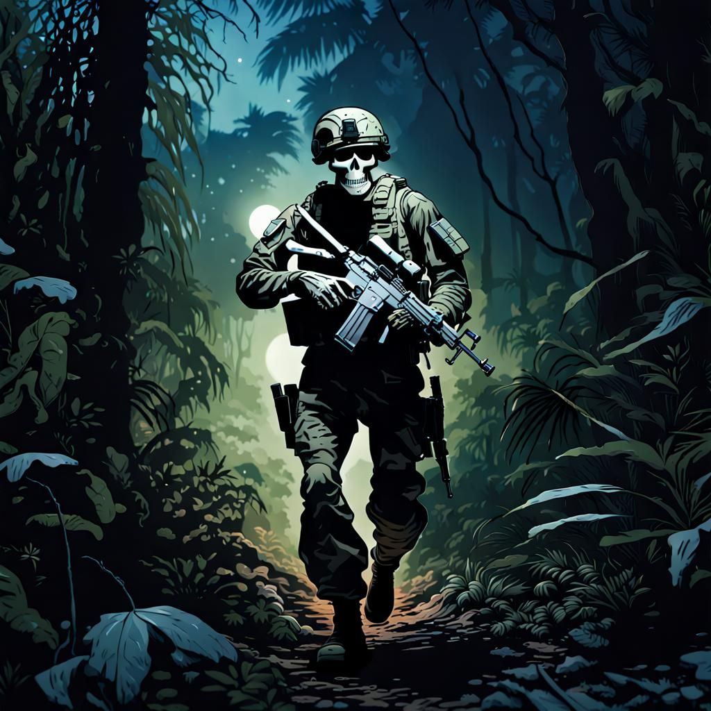 Skeleton Soldier Patrols Jungle at Night