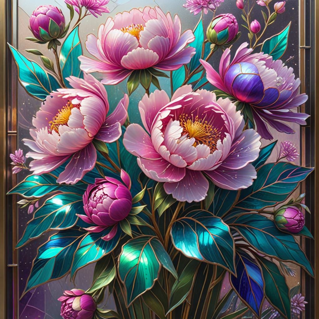 Peonies Bouquet in Stained Glass Folk Art