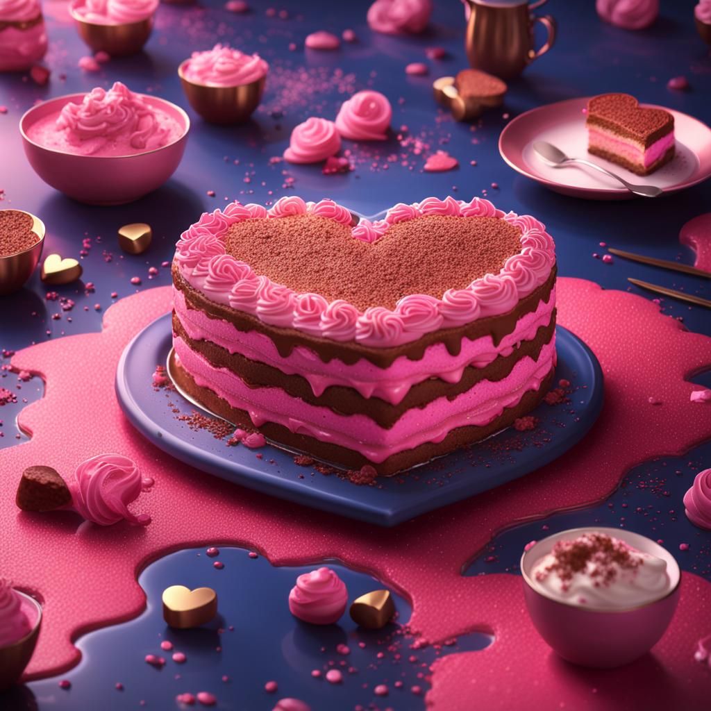 Sweet Pink Heart Tiramisu Dessert, Matte Painting