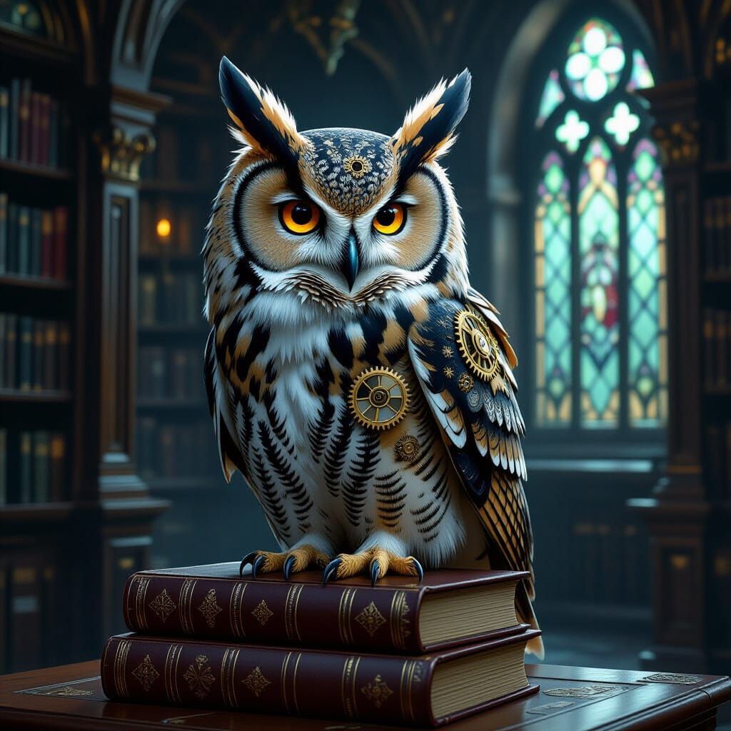 Clockwork Owl in Gothic Library, Detailed Surrealism