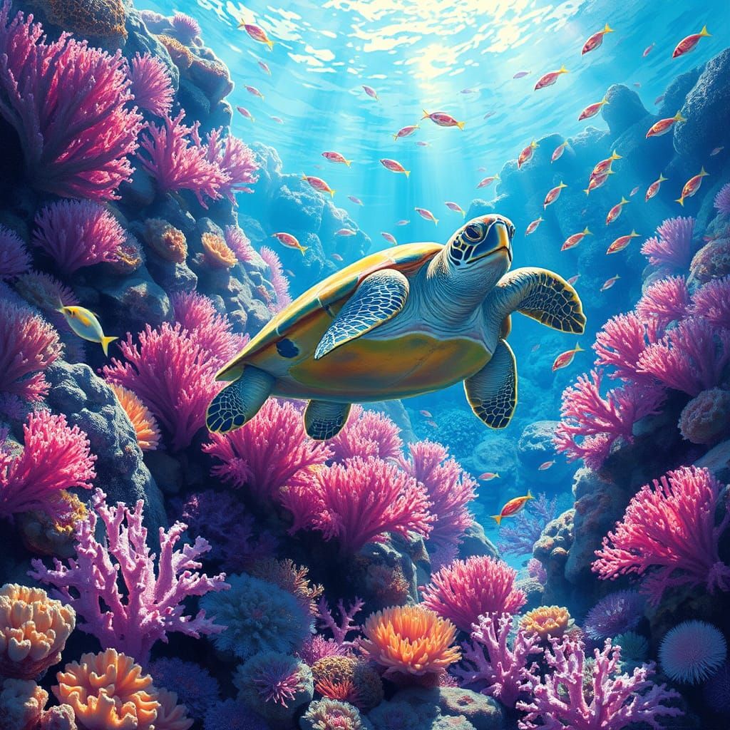 Sea Turtle in Vibrant Coral Reef, Impressionist Style