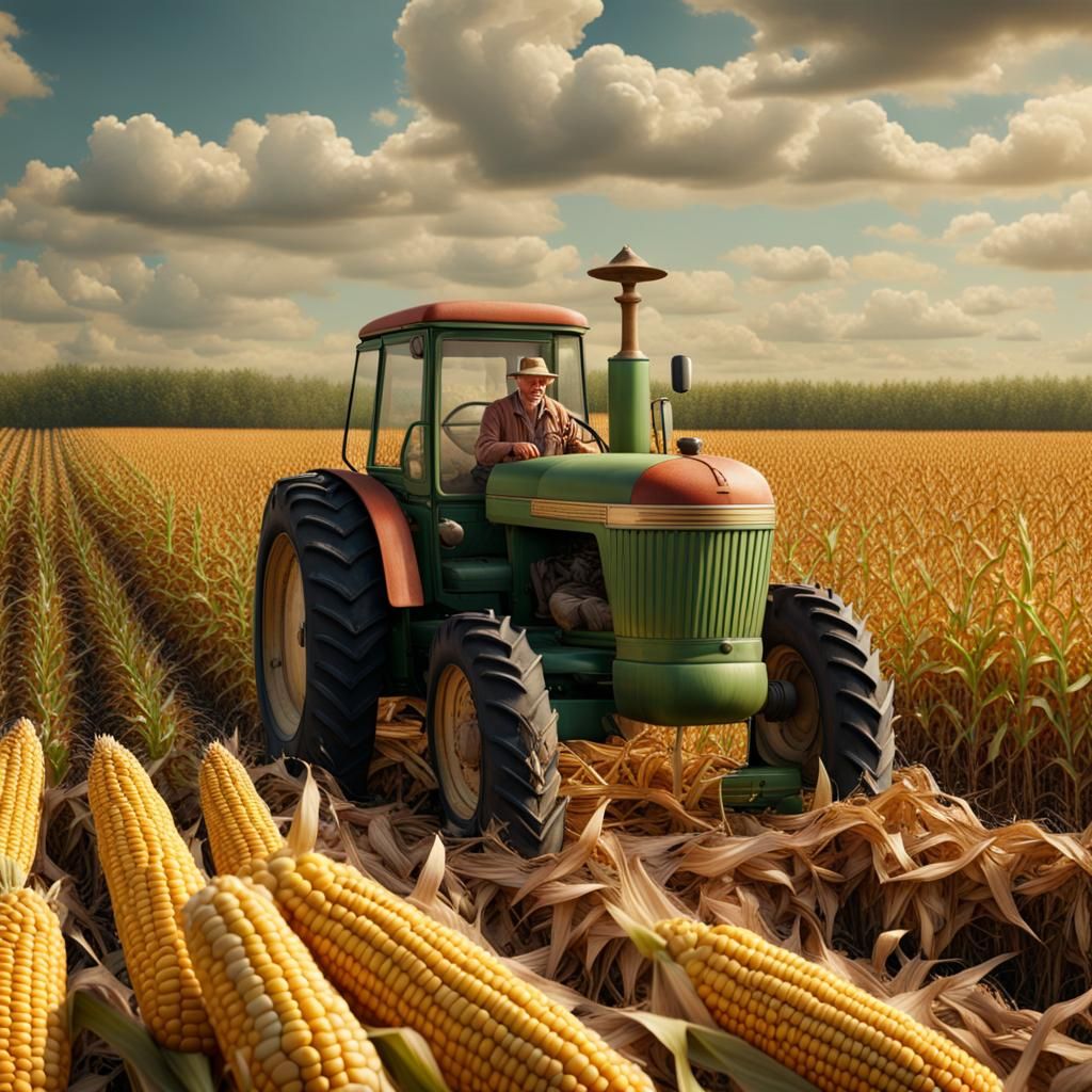 Hyperrealistic Corn Field with Vintage Tractor