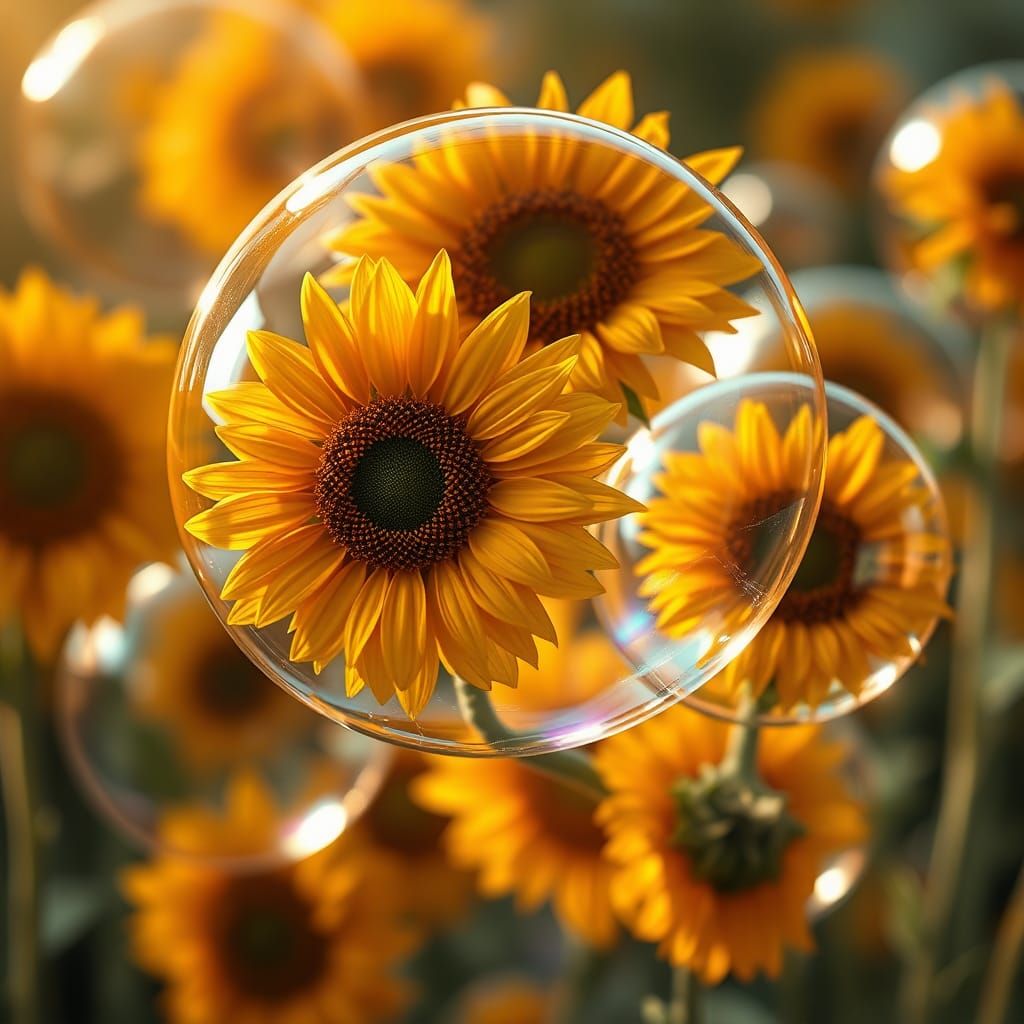 Sunflowers in Iridescent Bubbles: A Hyperrealistic Dreamscap...