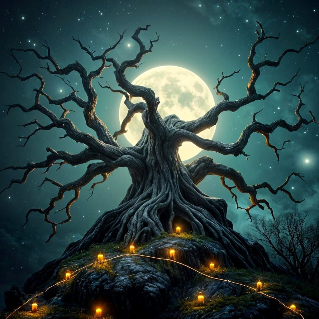Enigmatic Tree with Glowing Eyes in Moonlit Night