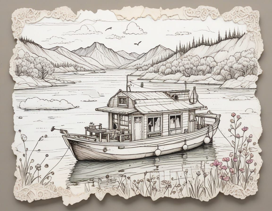 Surreal Houseboat Collage in Ultra Detailed Impasto