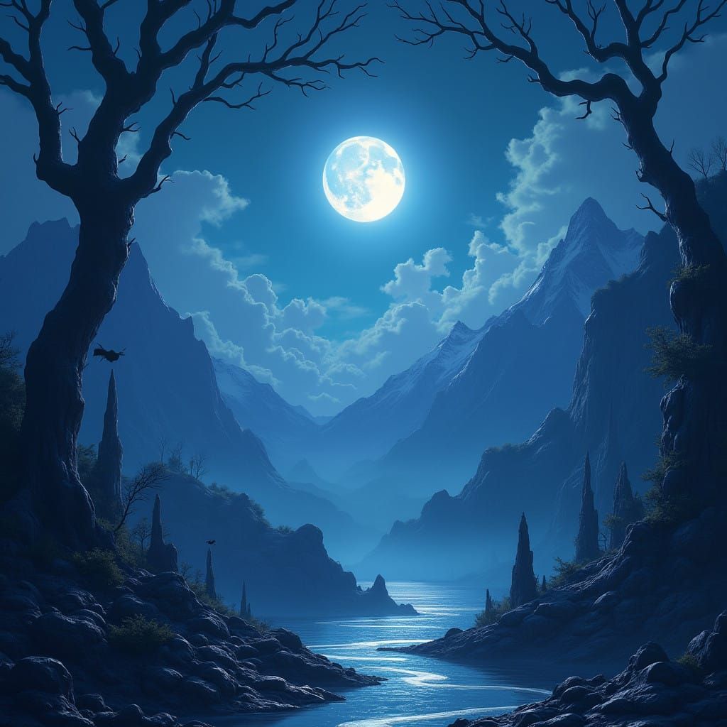 Moonlit Enchanted Realm in a Dreamlike, Fantasy World Aesthe...