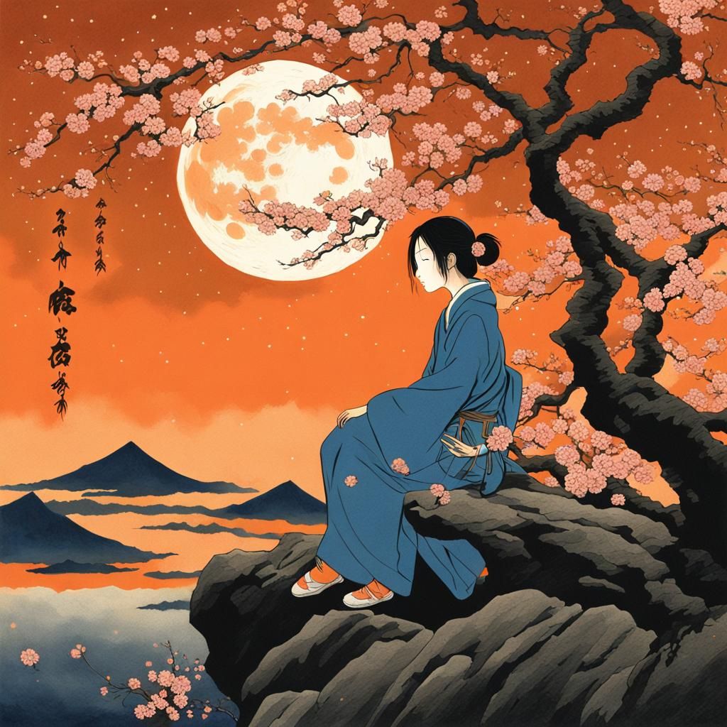 Japanese Woman Silhouetted Under a Cherry Blossom Moon