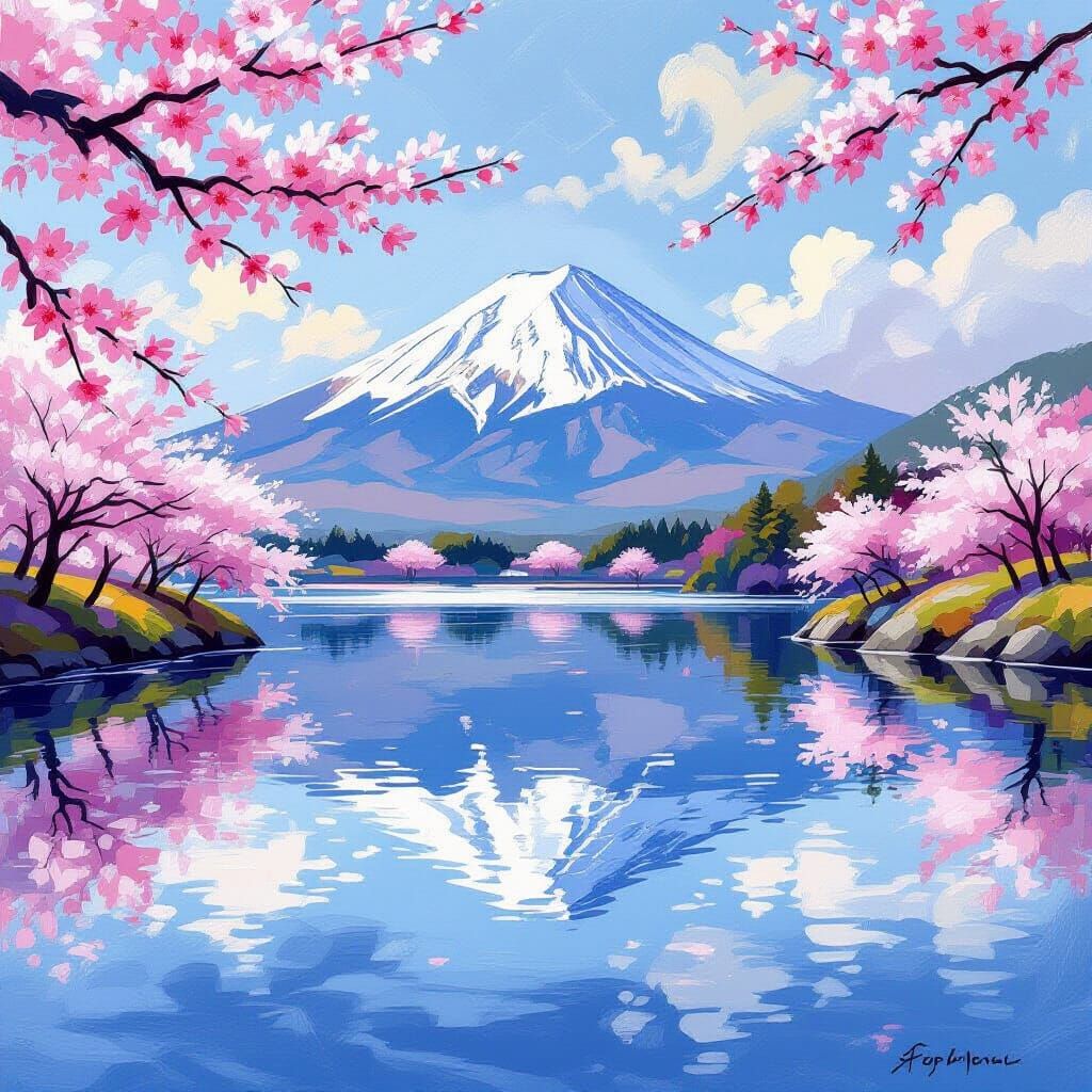 Serene Mount Fuji with Sakura Trees, Impressionism