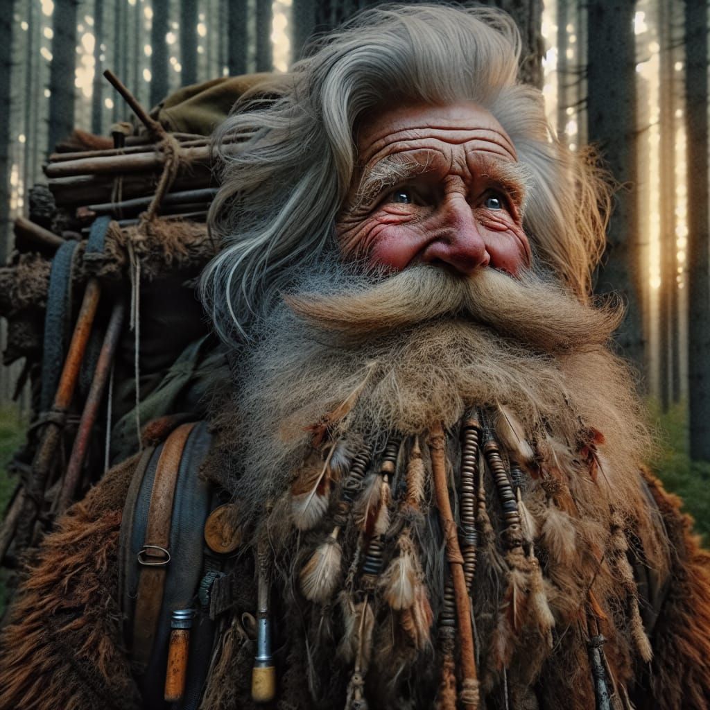 Elderly Trapper in Forest: Hyperrealistic Maximalist HDR Ima...