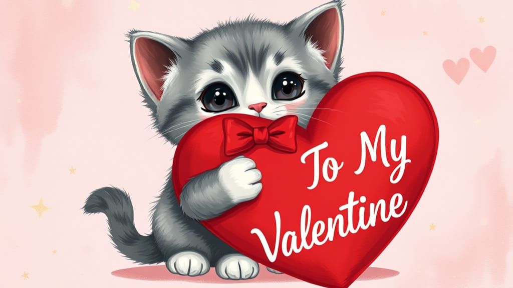 Whimsical Valentine Kitten with Heartfelt Gift
