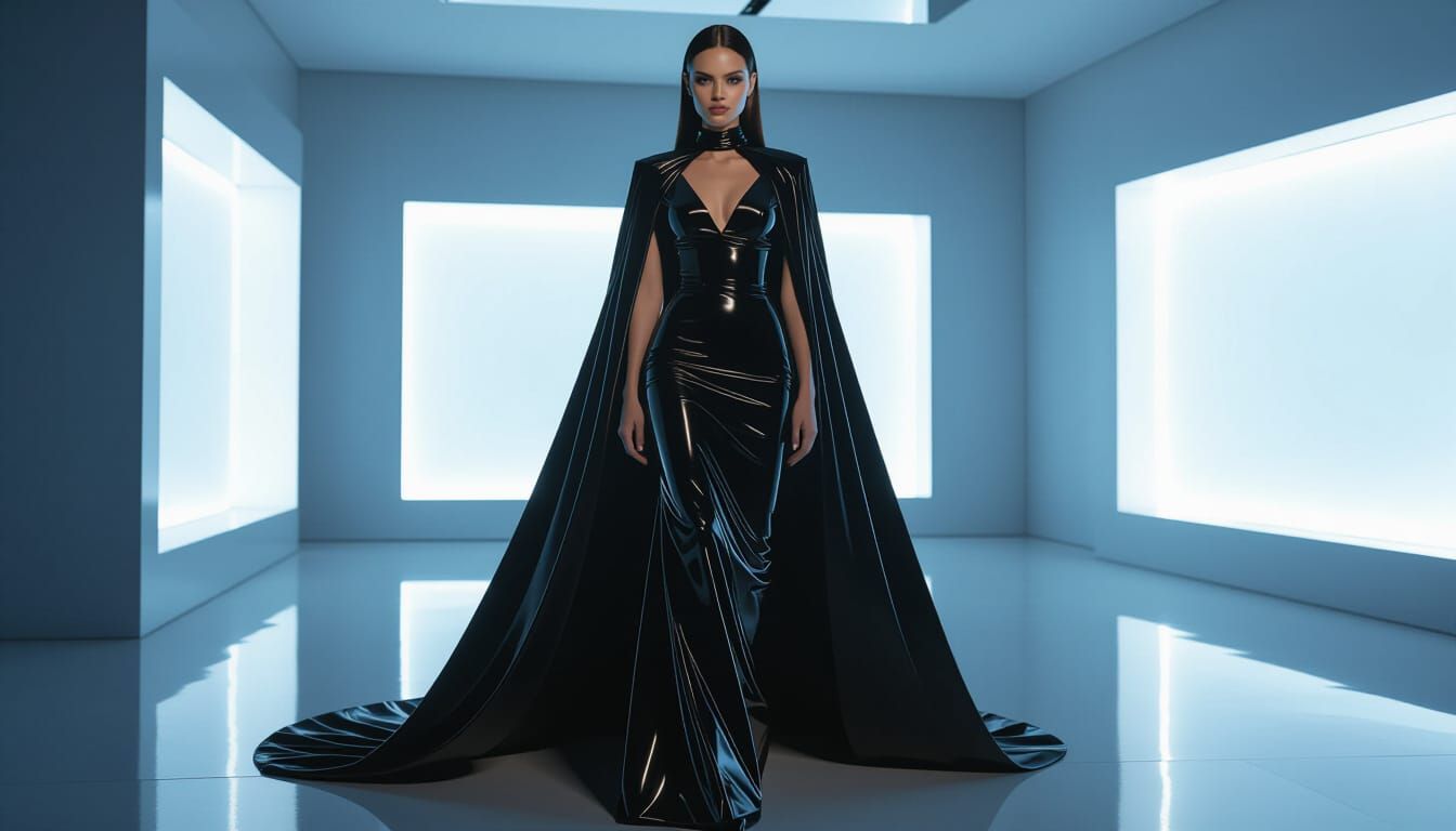 Italian Model in Avant-Garde Chrome and Latex Gown