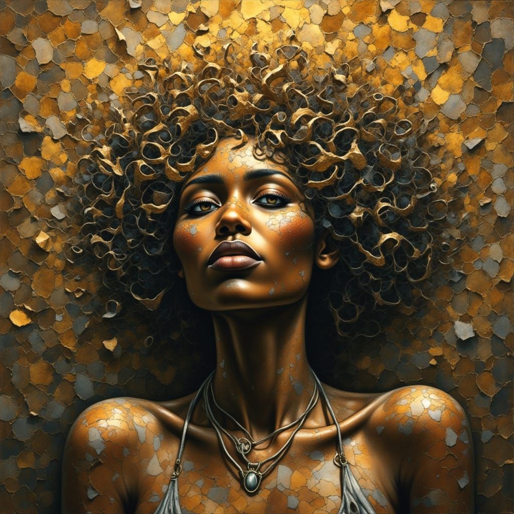Surreal Portrait of Black Woman with Molten Gold and Waterfa...