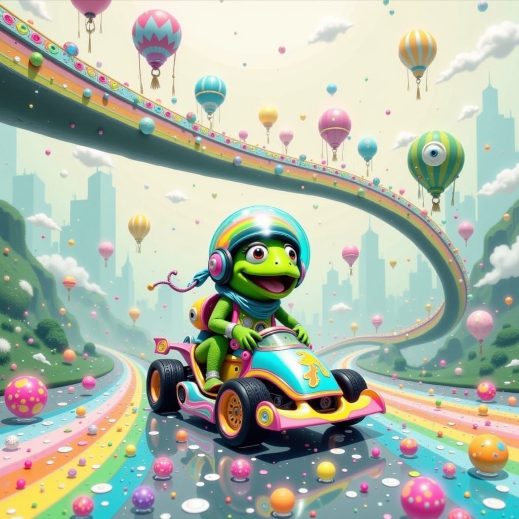Kermit Races Over Rainbow in Watercolor Style