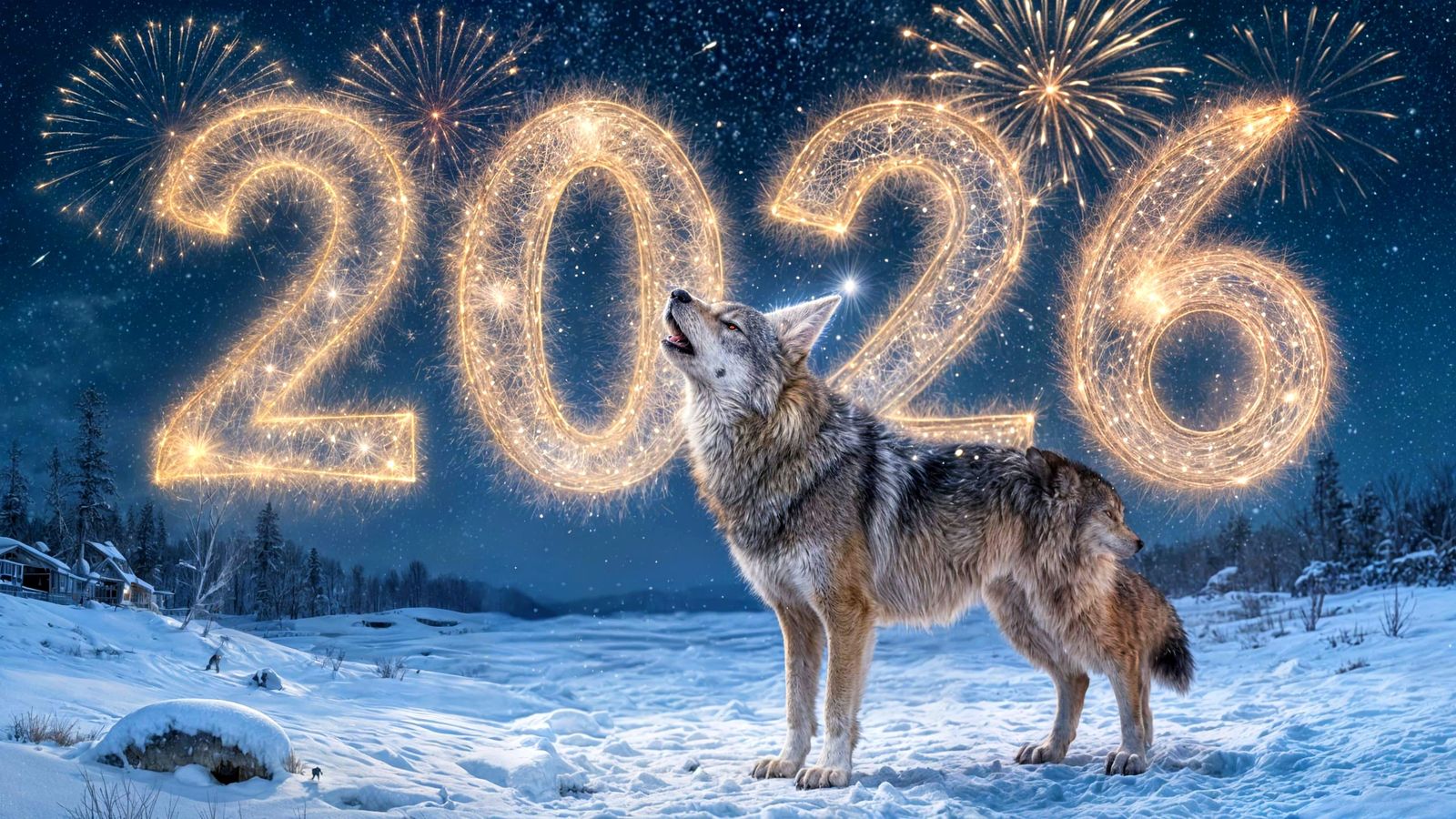 Wolf in Party Hat Howling at Fireworks for 2026