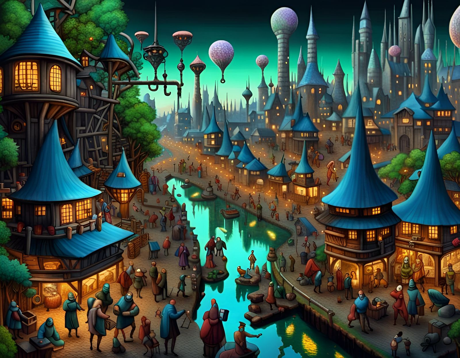 Sci-Fi Medieval Cityscape with Cyberpunk Elements